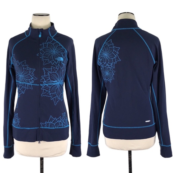 North Face Vapor Wick Blue Floral Athletic Stretch Jacket Full Zip - Picture 1 of 9